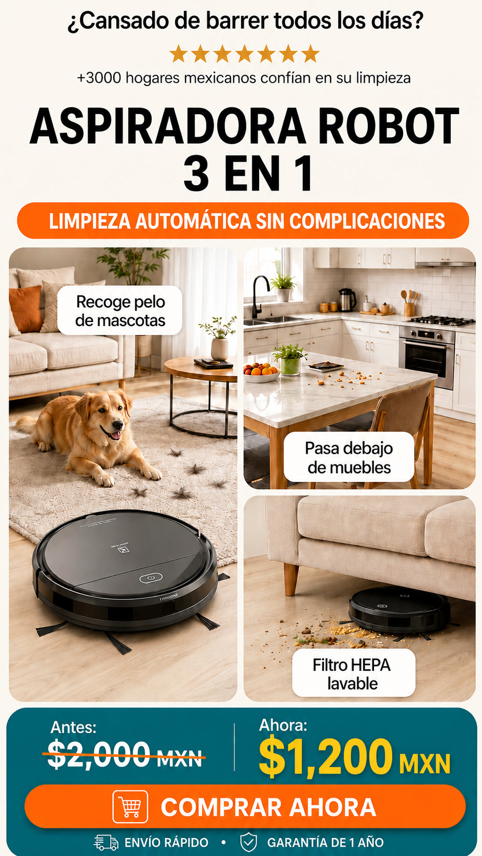 Robot Aspirador 3 en 1 Potente
